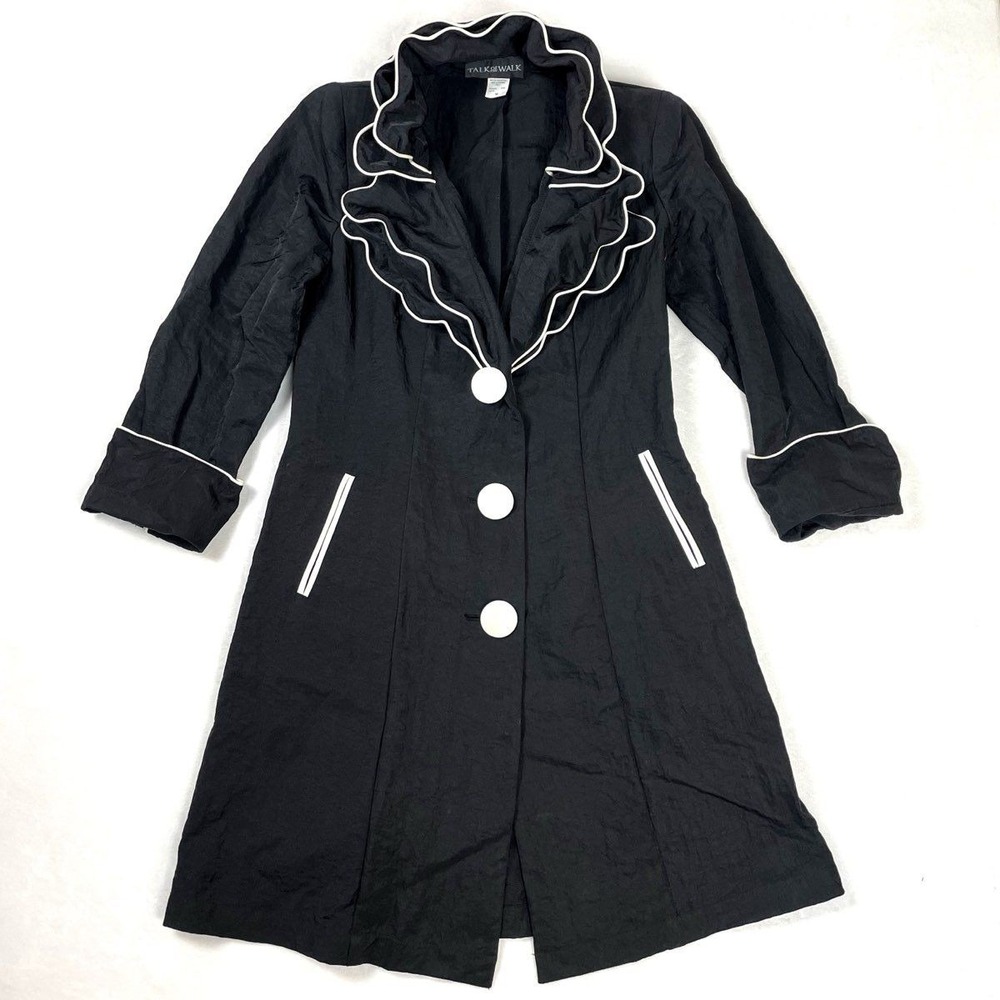 Y2K Women's VTG Black 3Q Coat Wired Ruffle Collar Piping Trim Sz M NWT